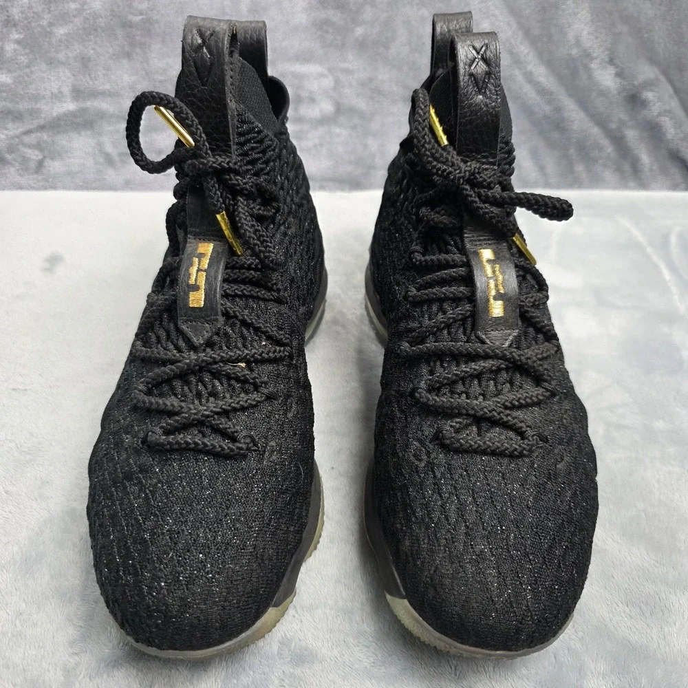 Nike LeBron 15 6Y Black Gold Boys Basketball Shoes BattleKnit High Top Sneaker